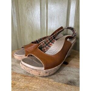 Crocs A Leigh Tan Brown Leather Open Toe Wedge Heel Slingback Sandals Womens 6